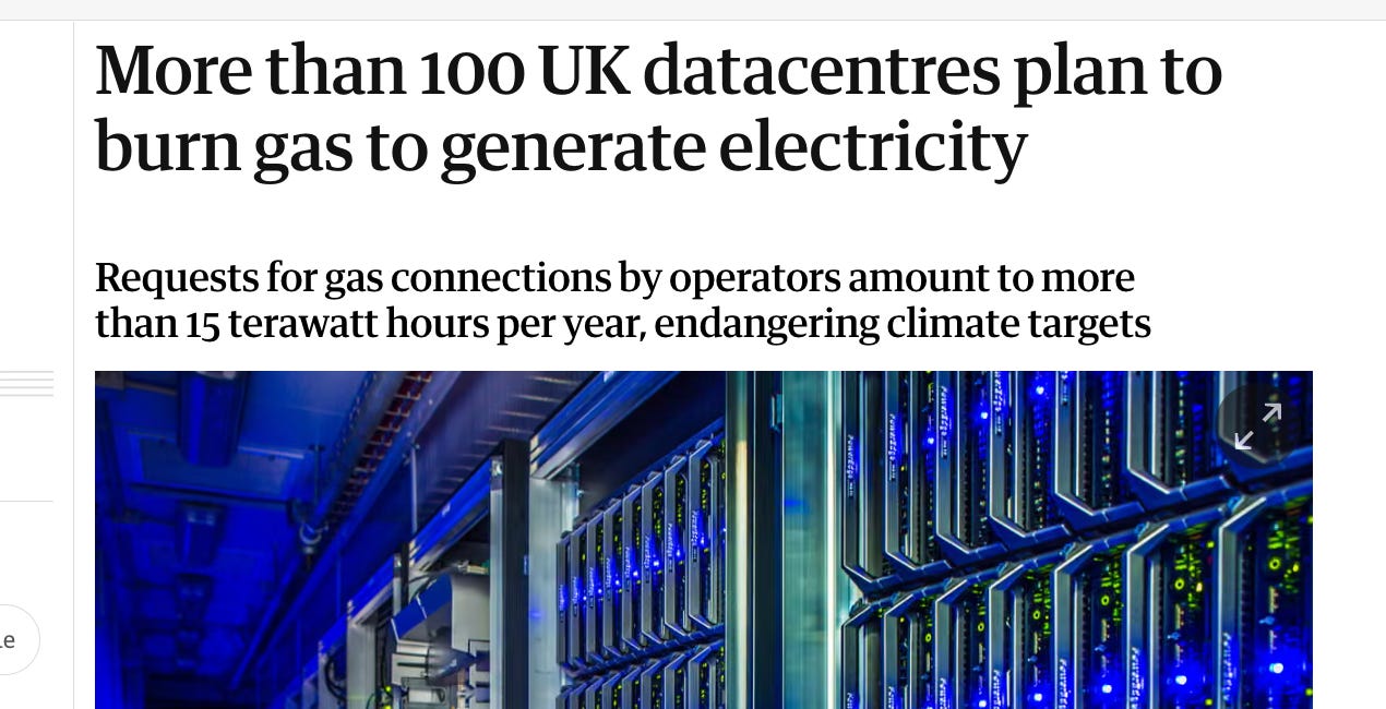 Burning gas is dangerous for the planet and gas appliances must be BANNED …until it comes to data centres