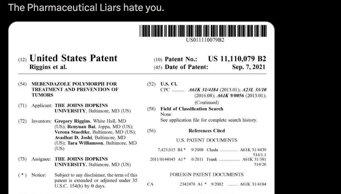 THEY WANT YOU DEAD: Johns Hopkins Hospital Owns The Mebendazole Polymorph Patent For The TREATMENT AND PREVENTION OF TUMORS