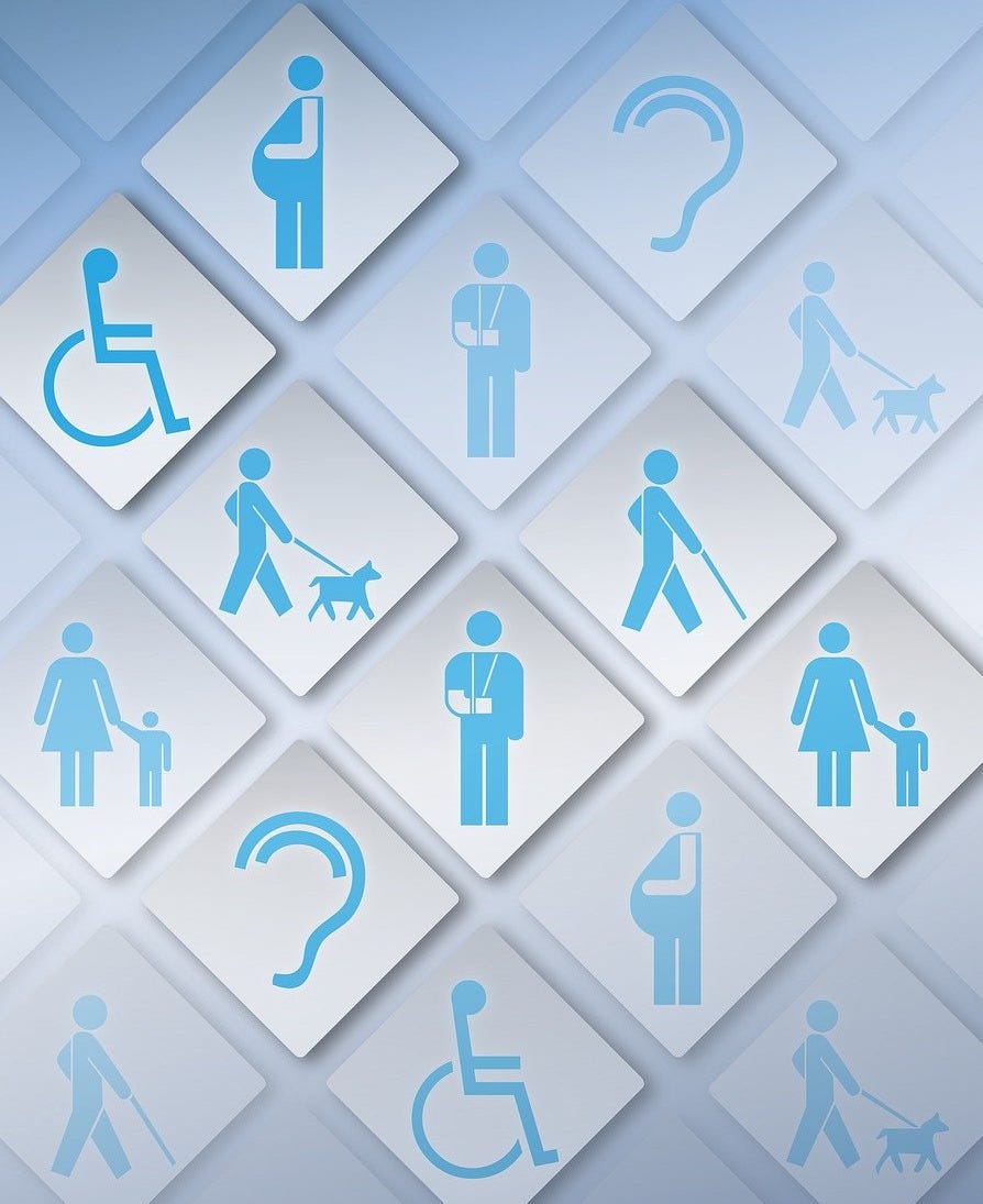 A collage of blue accessibility and disability icons on diamond-shaped tiles, arranged in a grid pattern with a light blue gradient background. Symbols include a person in a wheelchair, a pregnant woman, a person with a broken arm in a sling, individuals using white canes, people with service dogs, a person with a child, and multiple ear/hearing loss icons. The image represents diverse accessibility needs and inclusive design.