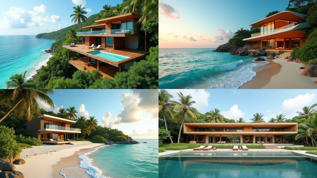 Stunning modern Jamaican villa perched on a lush cliffside, cascading water features and infinity pool blending seamlessly into the turquoise Caribbean Sea, surrounded by swaying palm trees and vibrant tropical flora, with a sleek, minimalist architecture reminiscent of the works of Alberto Campo Baeza, the vibrant colors and textures of David Hockney's landscapes, and the organic, curvilinear forms of Santiago Calatrava's designs.