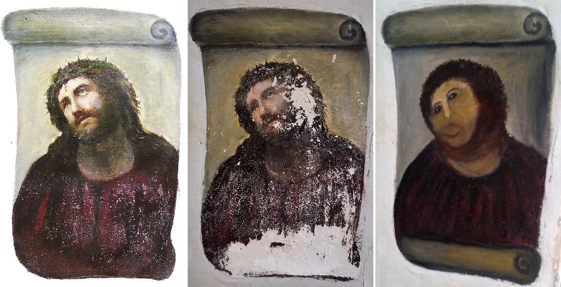Three images: How the fresco should look (left); how it looked before the "restoration" (center); and what it looked like after Cecilia Gimenez was done.