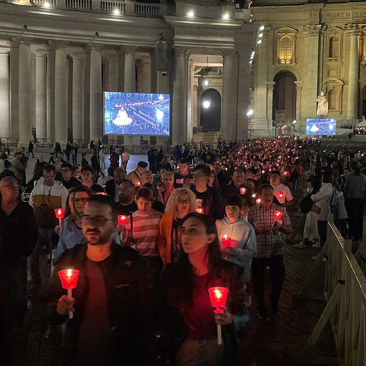Pilgrims process by candlelight in St. Peter's Square Oct. 21. Credit: JD Flynn/Pillar Media.
