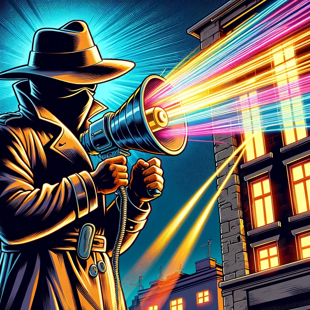 A cartoon scene featuring a secretive man, cloaked in mystery with a wide-brimmed hat and a trench coat, pointing a peculiar device at a building. This device, strikingly resembling a bullhorn with a few futuristic modifications, is emitting an array of vibrant rays towards the building. The setting is urban, with the cloak of night adding an air of intrigue. The man's face is partly obscured, hinting at his enigmatic nature. The building, seemingly ordinary, is bathed in the colorful glow of the rays, casting dramatic shadows around. This scene captures a moment of silent intensity, blending elements of espionage with a dash of science fiction.