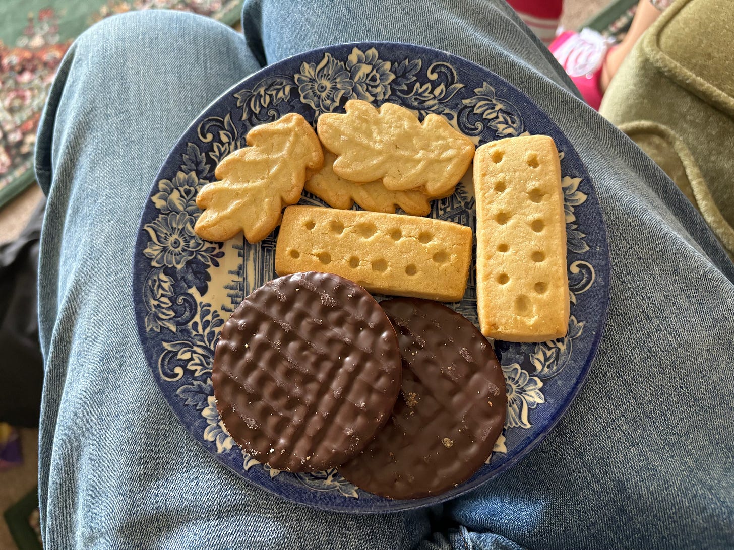 A small blue floral plate of biscuits on someone’s lap, including chocolate, shortbread, and some that look like leaves. 