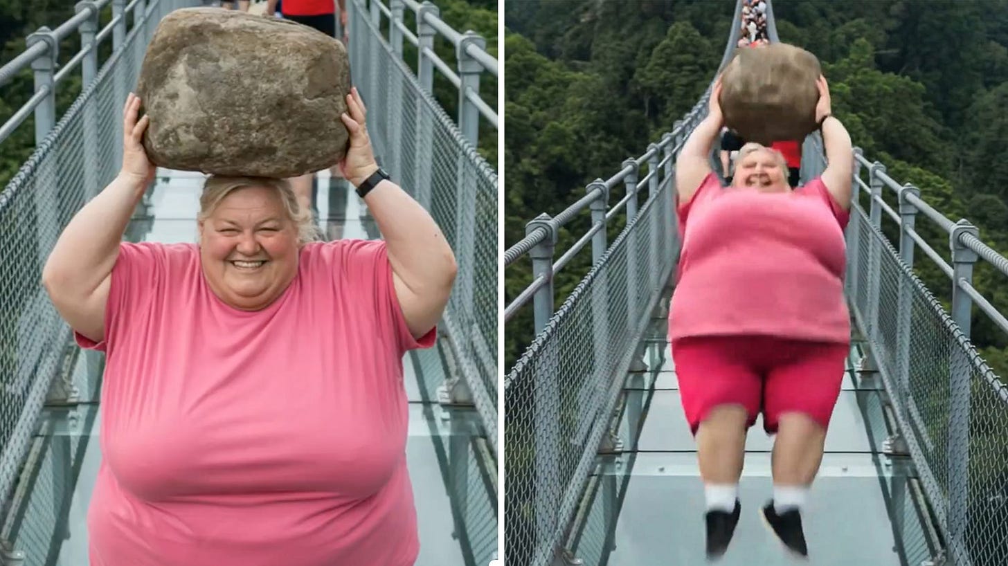 AI video of a woman with a rock breaking a glass bridge.