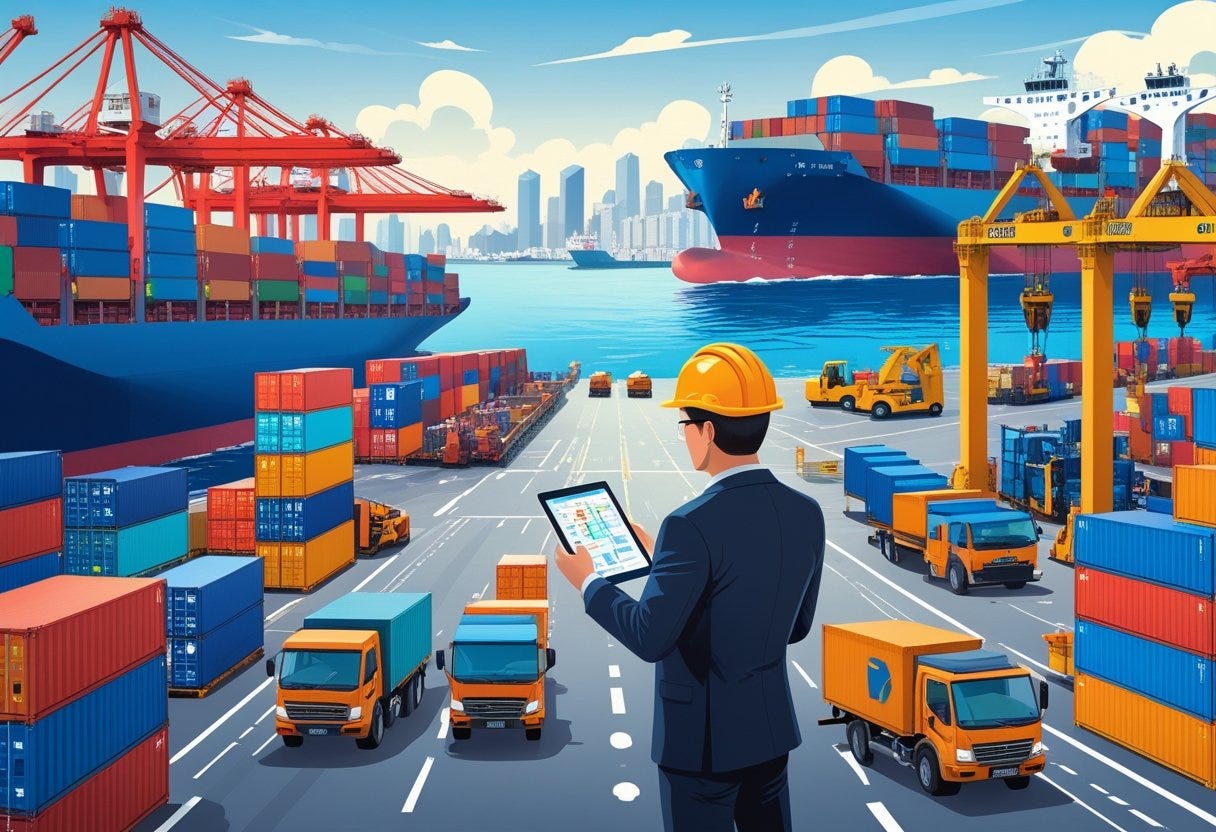 A freight forwarder in a business suit and helmet managing cargo operations at a busy shipping port in China with containers, cranes, trucks, and a city skyline in the background. A freight forwarder in a business suit and helmet managing cargo operations at a busy shipping port in China with containers, cranes, trucks, and a city skyline in the background.