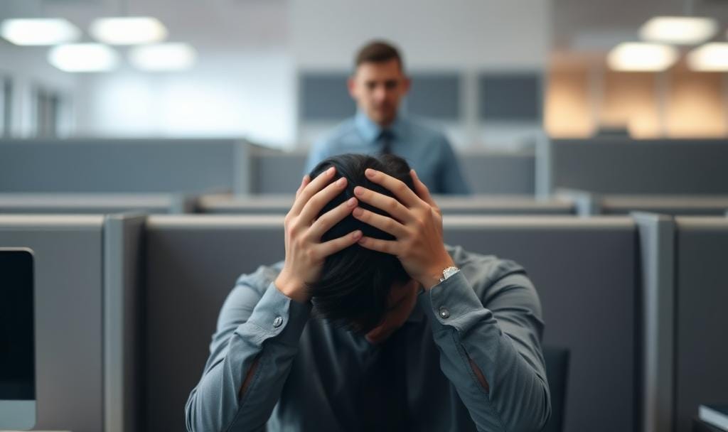 An employee sitting at a desk looking overwhelmed, representing the emotional cost of poor leadership. An employee sitting at a desk looking overwhelmed, representing the emotional cost of poor leadership.