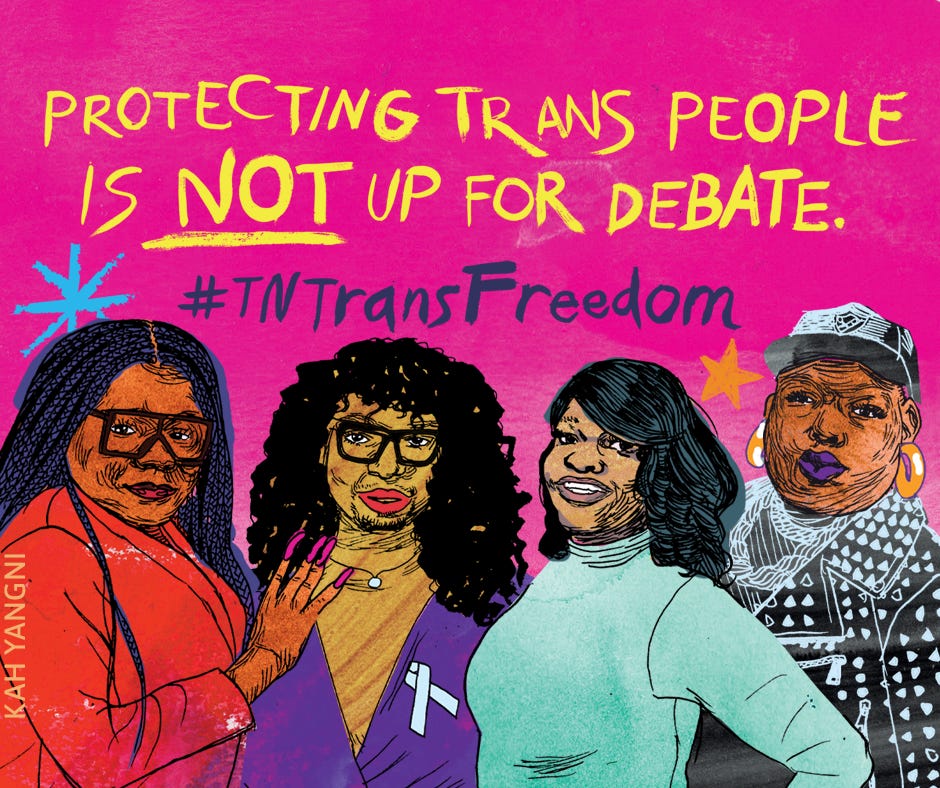 Illustrated artwork showing four transgender women standing together in solidarity against a bright pink background with the message ‘Protecting trans people is NOT up for debate’ and the hashtag #TNTransFreedom, symbolizing transgender rights, community resilience, and advocacy during Transgender Day of Remembrance.