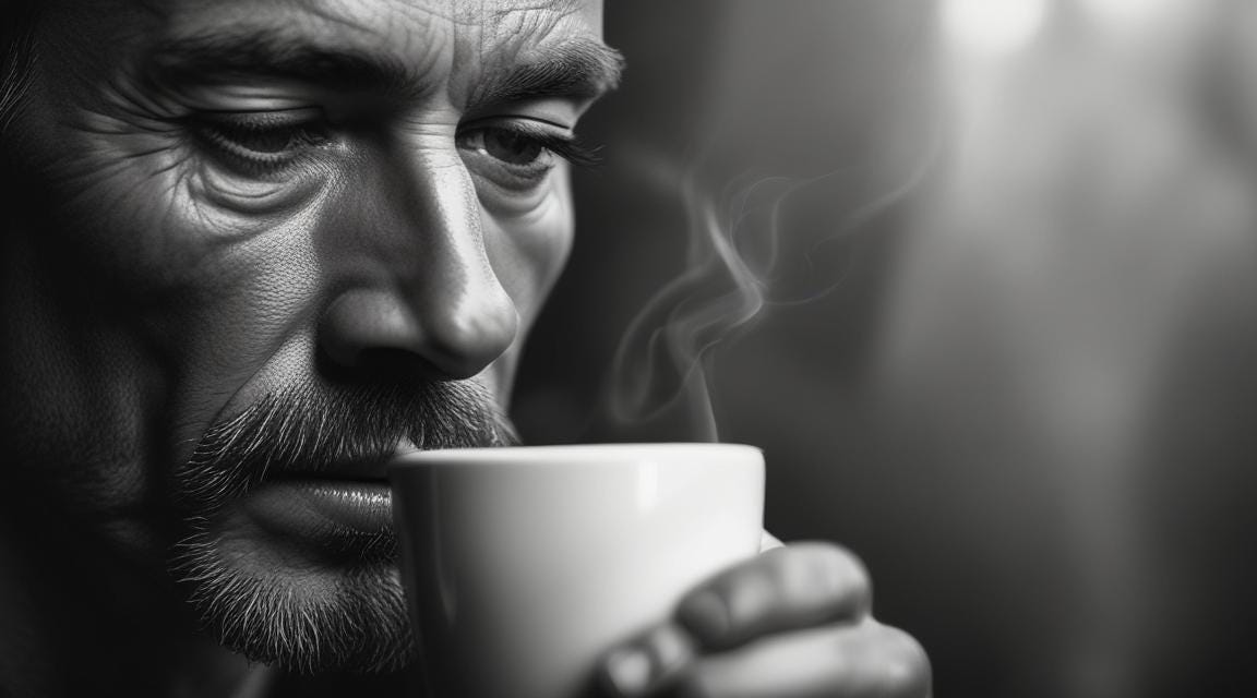 Aging man drinking a hot cup of coffee