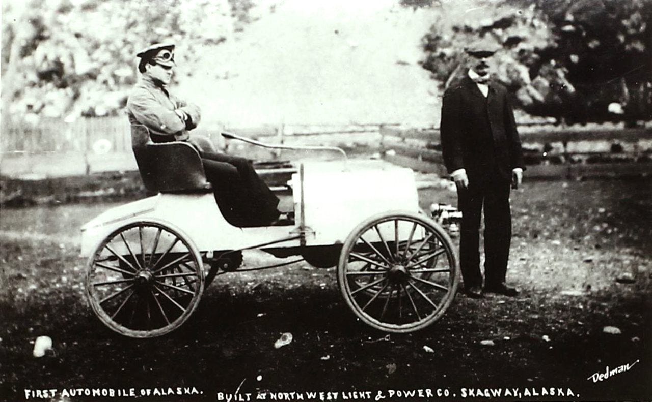 Bobby Sheldon, in Skagway, Alaska in his 1905 Sheldon Runabout, the first automobile manufactured in Alaska. Bobby Sheldon, in Skagway, Alaska in his 1905 Sheldon Runabout, the first automobile manufactured in Alaska.