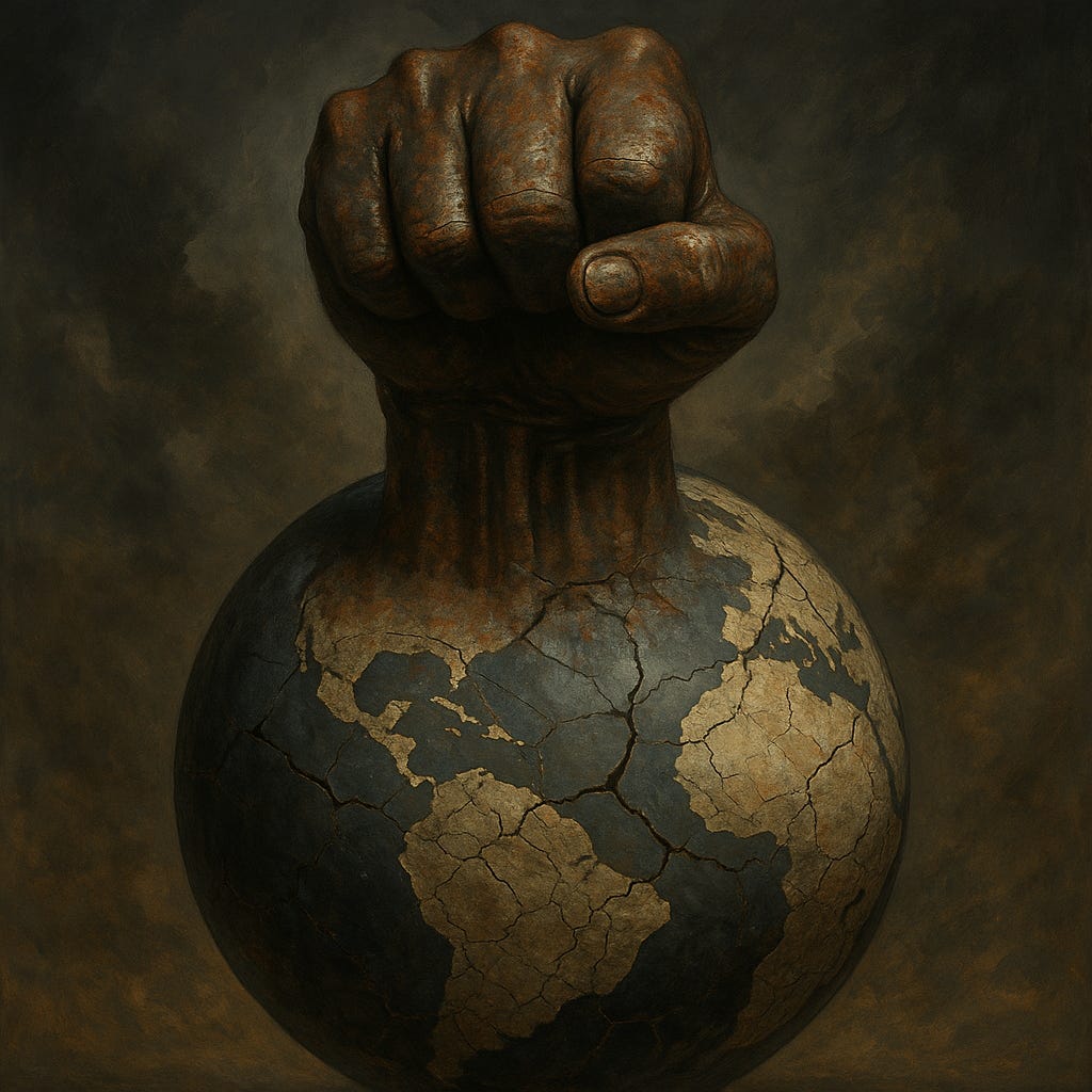 A towering, rusted iron fist clenches tightly around a crumbling globe, veins of cracks spreading out like fractures in glass, symbolising oppressive, heavy-handed patriarchal dominance suffocating the world beneath it.