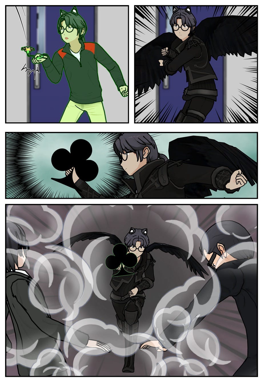 Ruff catches the flower, powers up, and overwhelms the henchmen in smoky haze.