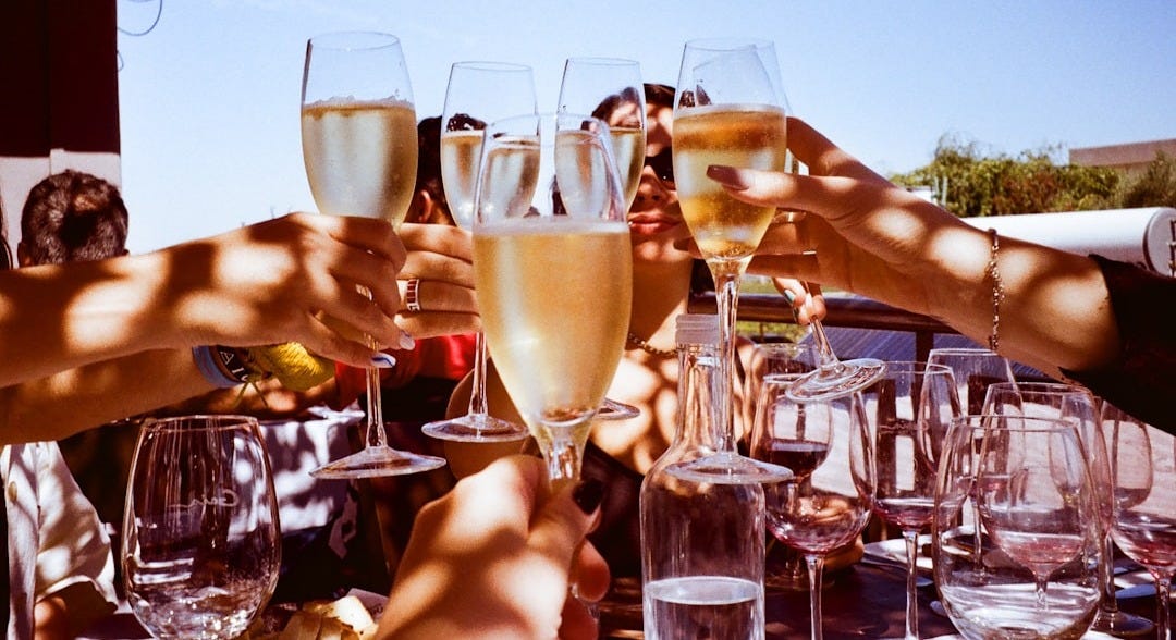 a group of people toasting with wine glasses