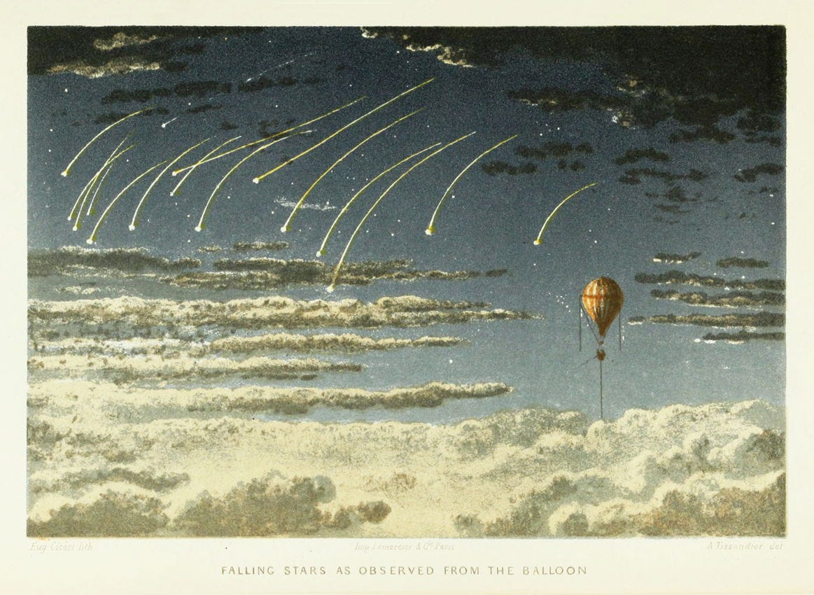 Illustration of balloon and shooting stars.