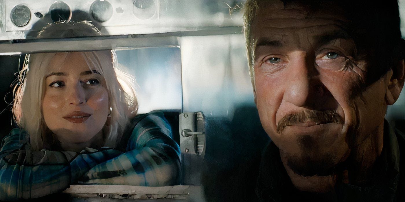 Dakota Johnson and Sean Penn riding in a cab together in Daddio.