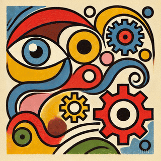 Colorful abstract design featuring an eye, gears, and swirling shapes.