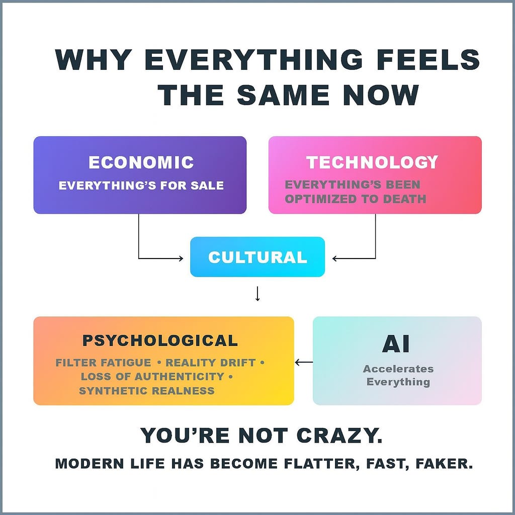 A flowchart titled "The Great Flattening" showing how economic forces (commodification of everything) and technology (algorithmic optimization) shape culture, leading to a process called "The Great Flattening." This results in psychological effects like filter fatigue, reality drift, loss of authenticity, and synthetic realness. AI is shown as a force that accelerates everything. A flowchart titled "The Great Flattening" showing how economic forces (commodification of everything) and technology (algorithmic optimization) shape culture, leading to a process called "The Great Flattening." This results in psychological effects like filter fatigue, reality drift, loss of authenticity, and synthetic realness. AI is shown as a force that accelerates everything.