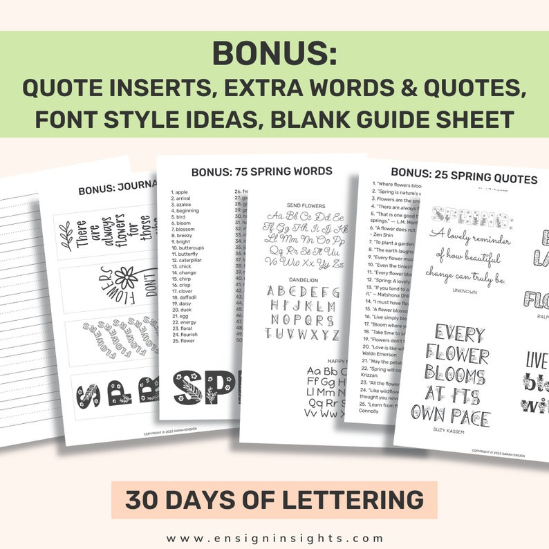 May include: A printable worksheet with a black and white design featuring a list of 75 spring words, a list of 25 spring quotes, and a section for journaling. The worksheet includes the text "BONUS: 75 SPRING WORDS", "BONUS: 25 SPRING QUOTES", and "BONUS: JOURNAL".