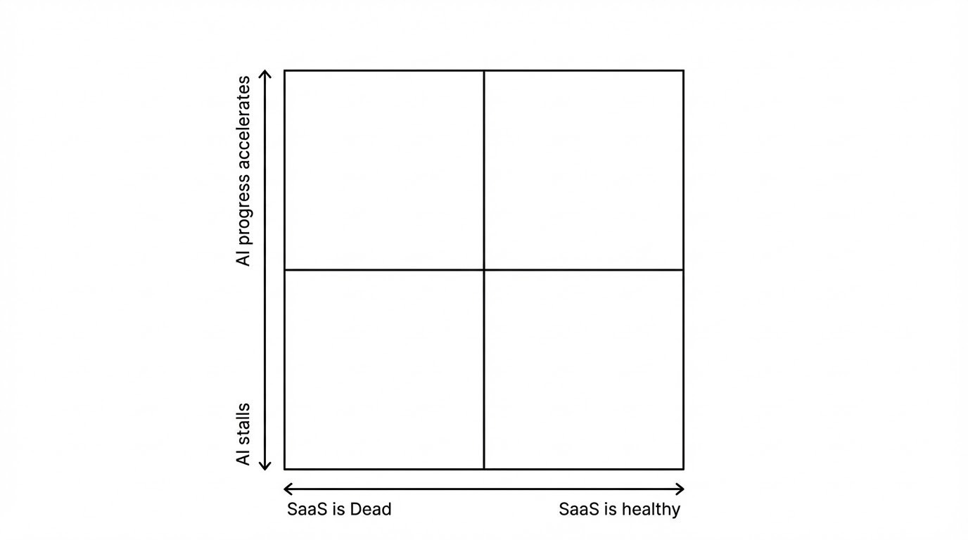 create a simple quadrant. dont colour it or add any words.  on the x axis have SaaS is Dead and SaaS is heathly. On y axis have AI progress accelerates and AI stalls.