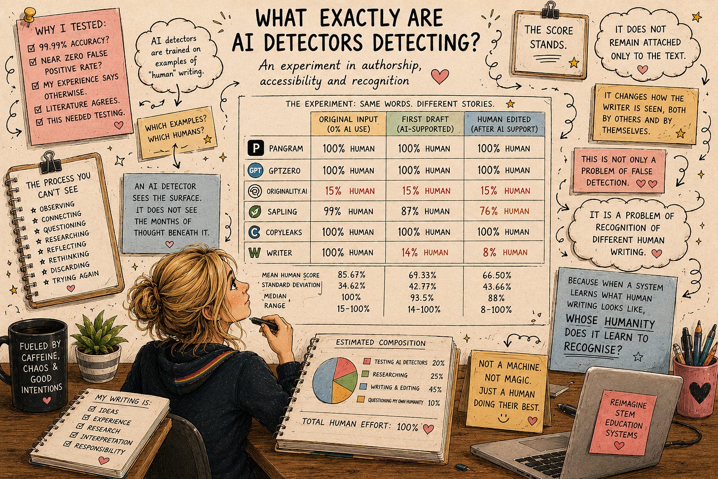 Hand-drawn illustration of a woman at a desk studying a large comparison chart showing contradictory AI-detection scores from Pangram, GPTZero, Originality.ai, Sapling, Copyleaks and Writer. Notes around her refer to the hidden human process behind writing—researching, reflecting, revising and trying again—and ask what AI detectors are really detecting. A notebook records the essay’s estimated composition as 100% human effort.
