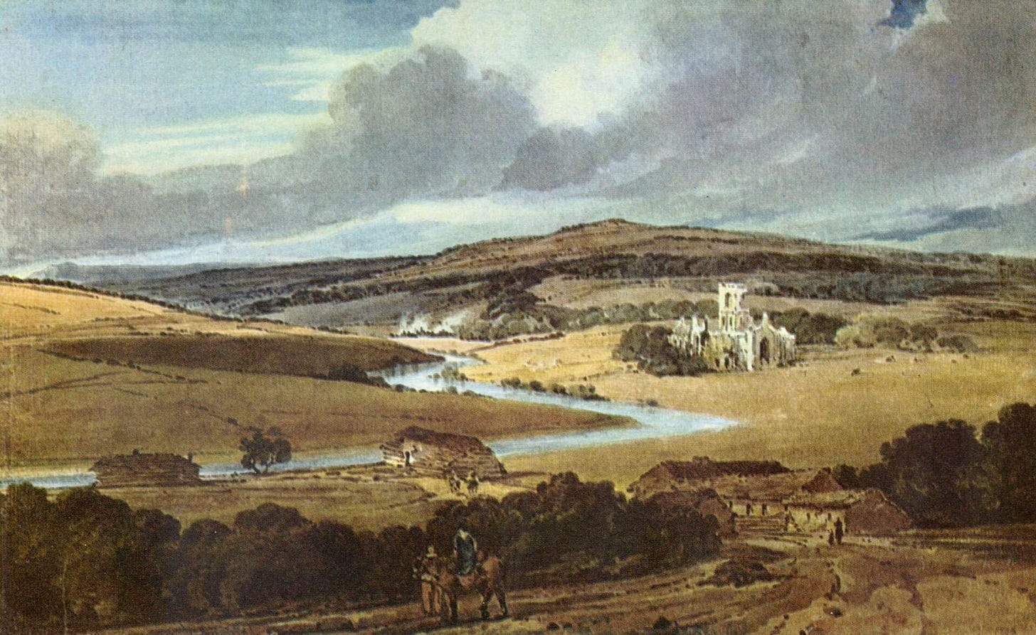 A wide river valley seen from a hill, a ruined abbey in sunlight in the middle distance, a winding river, cottages and a rider on the road in front, under a large clouded sky. A wide river valley seen from a hill, a ruined abbey in sunlight in the middle distance, a winding river, cottages and a rider on the road in front, under a large clouded sky.