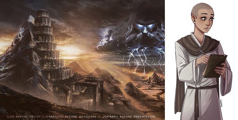 A dark tower amid stormy skies, lightning strikes, and a menacing face in clouds; robed figure writes on a clipboard with a focused expression.
