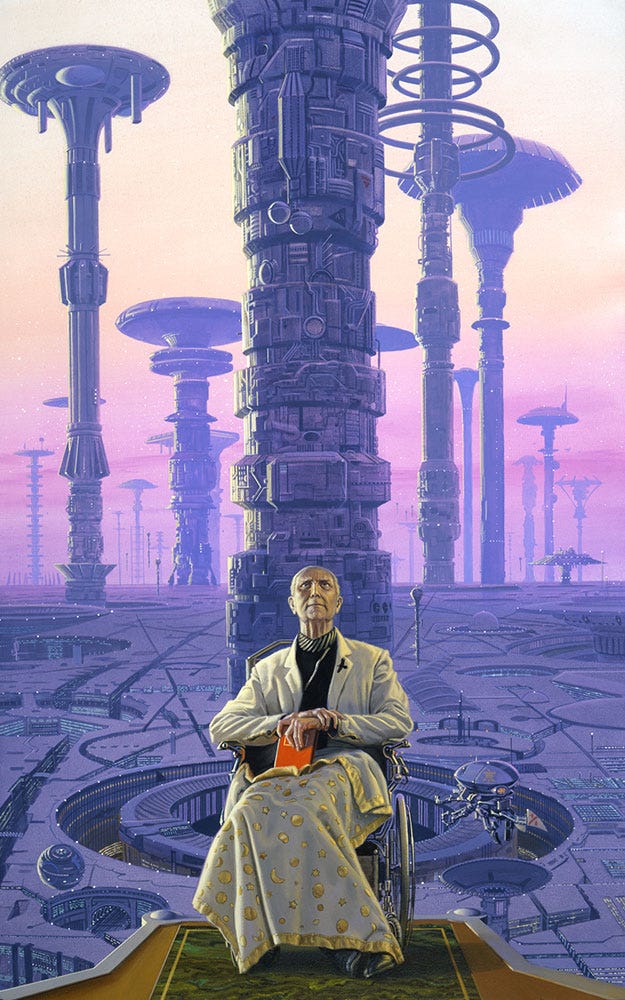 An elderly man bound in a wheelchair sits with eyes cast to the sky. The white satin blanket trimmed in gold and decorated with stars and planets covers his legs. Visibly beneath it, his feet are set awkwardly askew, not firmly on the ground. Beneath a white suit jacket with a raven pinned to the lapel, he wears a black mock turtleneck with diagonal stripes on the collar. He looks stately as his arms are crossed and he props a vibrant red book in his lap. Beyond the platform where he sits, the planet has been transformed into a mechanized, futuristic city as far as the eye can see. Rendered in purples and blues, surface entirely metal. Topped by saucers of various styles, towers extend to a sky rendered upward in a gradient from pink to peach. An elderly man bound in a wheelchair sits with eyes cast to the sky. The white satin blanket trimmed in gold and decorated with stars and planets covers his legs. Visibly beneath it, his feet are set awkwardly askew, not firmly on the ground. Beneath a white suit jacket with a raven pinned to the lapel, he wears a black mock turtleneck with diagonal stripes on the collar. He looks stately as his arms are crossed and he props a vibrant red book in his lap. Beyond the platform where he sits, the planet has been transformed into a mechanized, futuristic city as far as the eye can see. Rendered in purples and blues, surface entirely metal. Topped by saucers of various styles, towers extend to a sky rendered upward in a gradient from pink to peach.