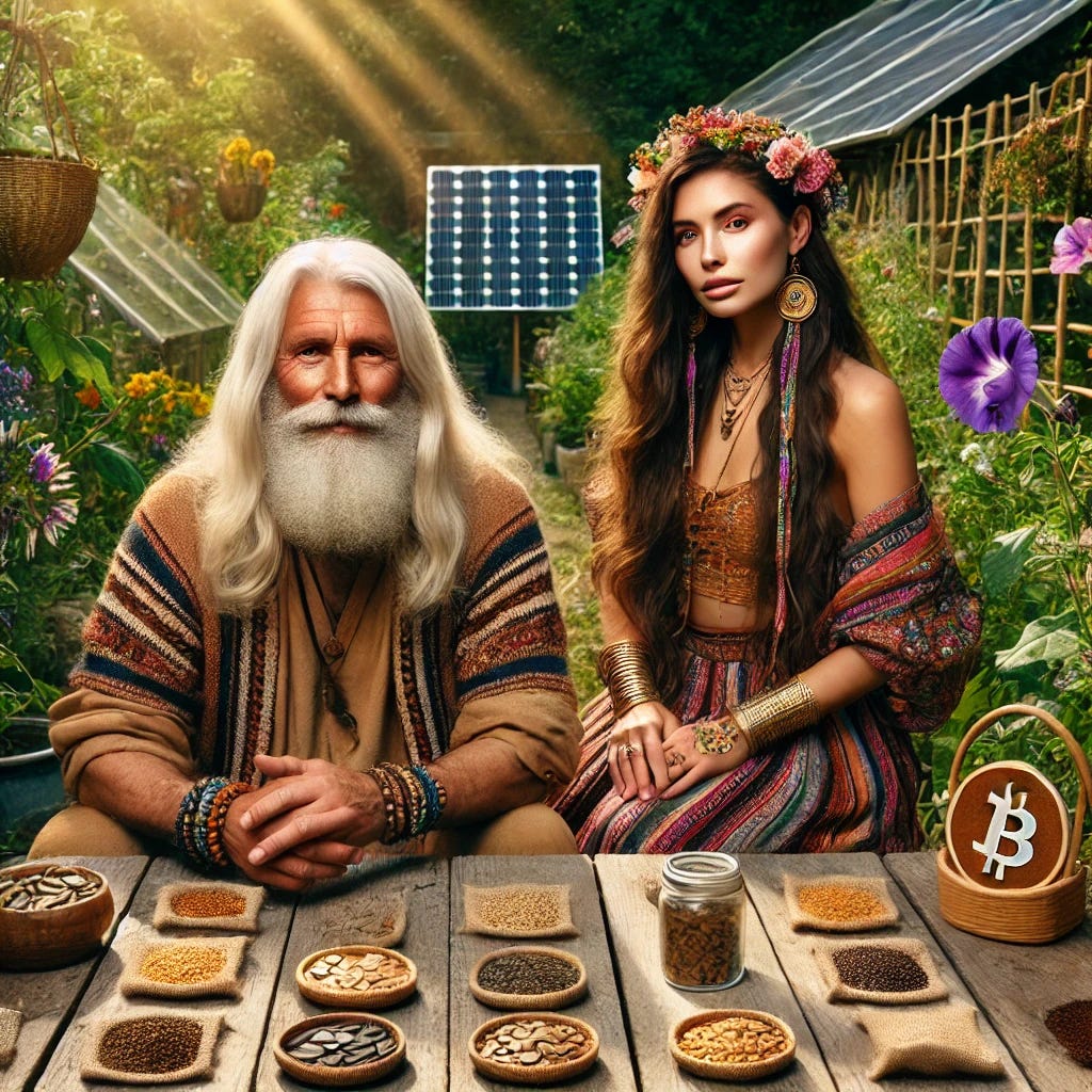 A serene and vibrant scene featuring Miguel, a 76-year-old Englishman with a long white beard and pink-tinged long white hair, and Alexandra, a beautiful 35-year-old woman of Peruvian-Welsh heritage. Miguel has a kind, wise demeanor, wearing earth-toned clothes and holding a small pouch of seeds. Alexandra is dressed in a blend of traditional Peruvian and modern attire, with flowing patterns, and she holds a handful of diverse seeds. They are seated at a rustic wooden table in an outdoor permaculture garden surrounded by lush greenery, flowers, and various seed varieties displayed in small jars and baskets. The atmosphere is warm and inspiring, symbolizing the collaboration and harmony of technology and nature. The setting includes elements of community, like a small solar panel in the background and a symbolic Bitcoin emblem subtly incorporated into the environment.