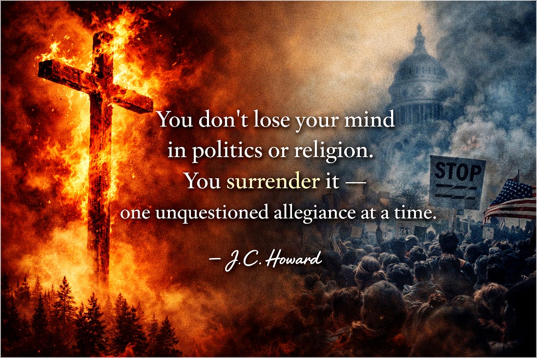 Split scene of a burning cross and political protest crowd with a quote by J.C. Howard about unquestioned allegiance.