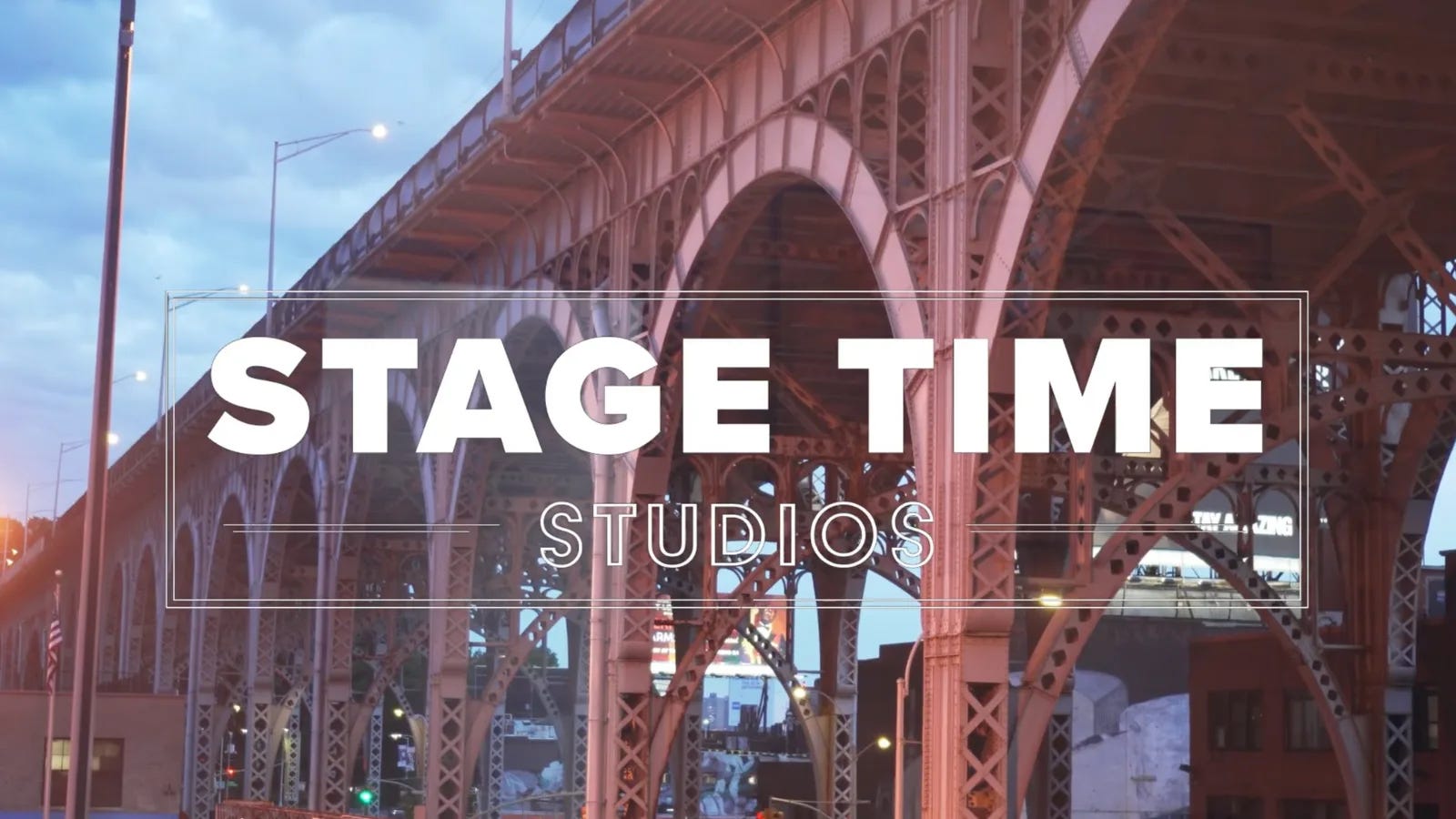 The Stage Time Studios title card set over the steel arches of the Harlem viaduct at dusk