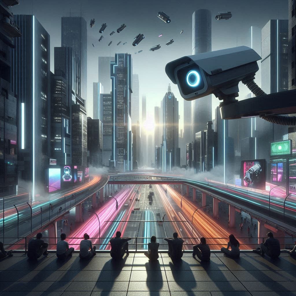 a photo-realistic illustration of a futuristic cityscape with neon lighting, a grey sky, surveillance cameras, and people sitting and staring at the sky a photo-realistic illustration of a futuristic cityscape with neon lighting, a grey sky, surveillance cameras, and people sitting and staring at the sky