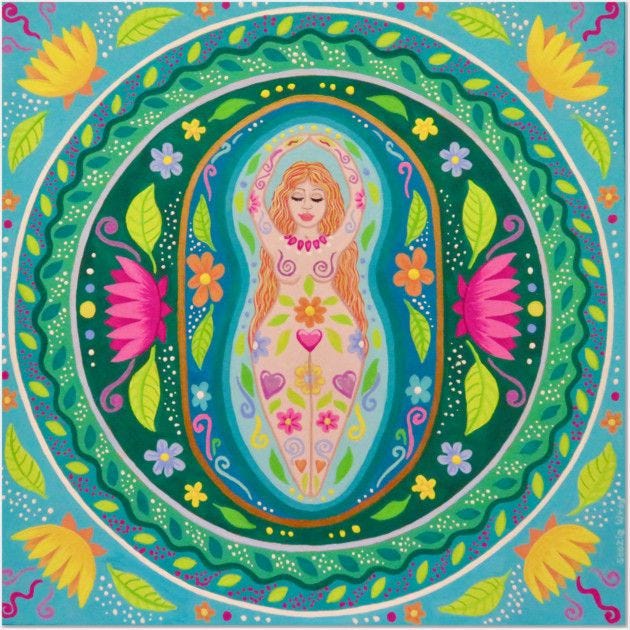 This may contain: a painting of a woman with flowers and leaves around her body in a circular frame This may contain: a painting of a woman with flowers and leaves around her body in a circular frame