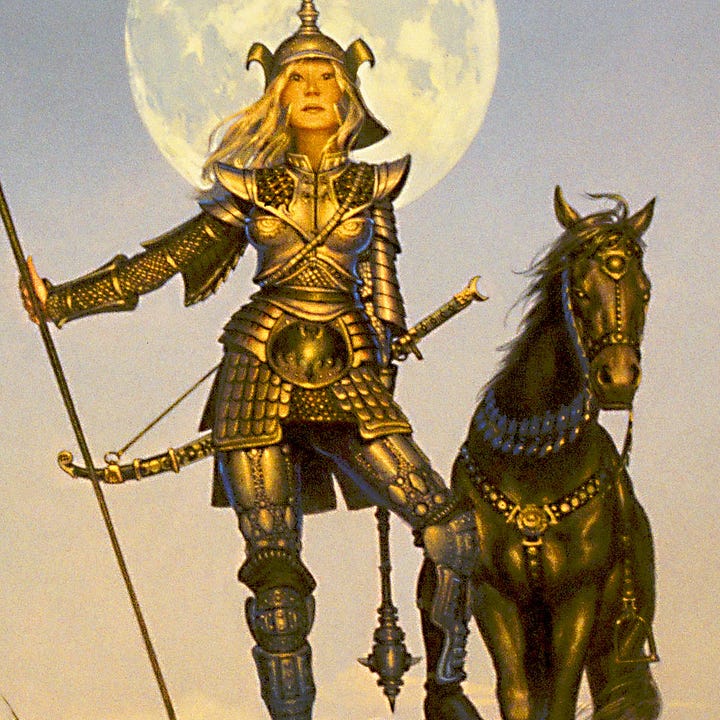 LEFT: Detail from AMAZONS featuring a female warrior posing triumphantly with a foot resting on her fallen foe. Her head is framed by the full moon as she holds out her spear at arm length with butt resting on the ground.  RIGHT: Close detail from AMAZONS featuring a heavily armed warrior with curving blade slung low behind her back. The pommel is a crescent moon. A heavy mace hangs at her hip. Her armor is banded over her hips with an ornament decorated with a black dragon with wings spread. A black steed cranes its neck as it stars directly at the audience with eyes reflecting bronze. Its harness is black studded leather, but its bridle is decorative blue