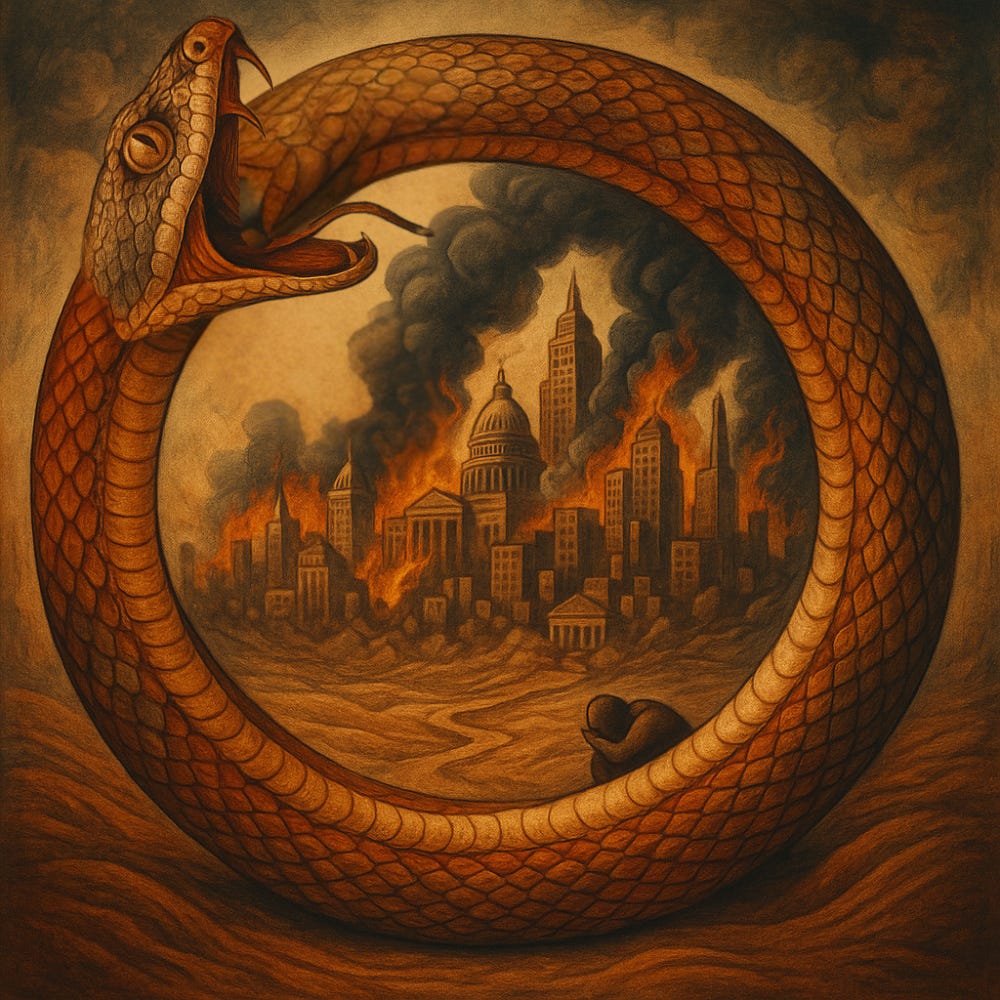 A large ouroboros serpent coils in a perfect circle, devouring its own tail. Inside the circle, a modern city burns, engulfed in flames and smoke, with skyscrapers and classical buildings collapsing. In the foreground, a small, hunched human figure sits in despair within the serpent's loop. The scene is rendered in warm, earthy tones with a mythic, apocalyptic feel.