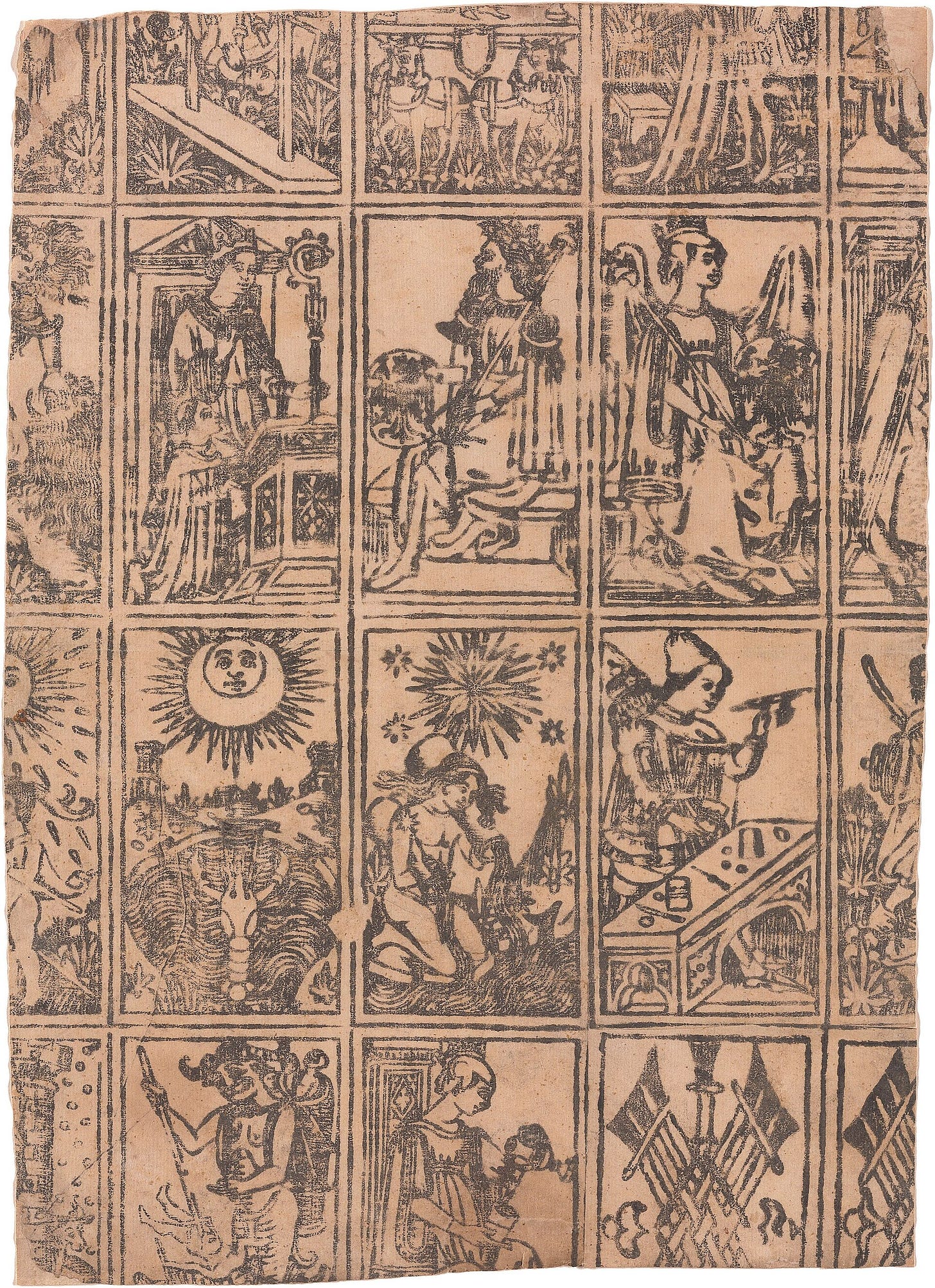 An uncut printed sheet of tarot cards in rows, showing among others an enthroned emperor and empress, a woman kneeling under a star, a moon above a crayfish, and a man at a table.