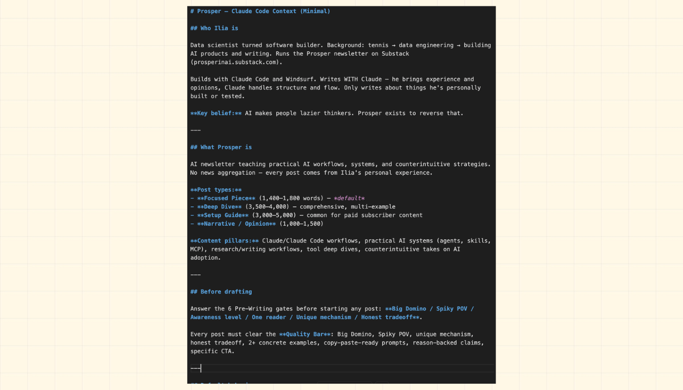 Minimal 39-line CLAUDE.md file open in an editor, with the entire file visible on a single screen. Minimal 39-line CLAUDE.md file open in an editor, with the entire file visible on a single screen.