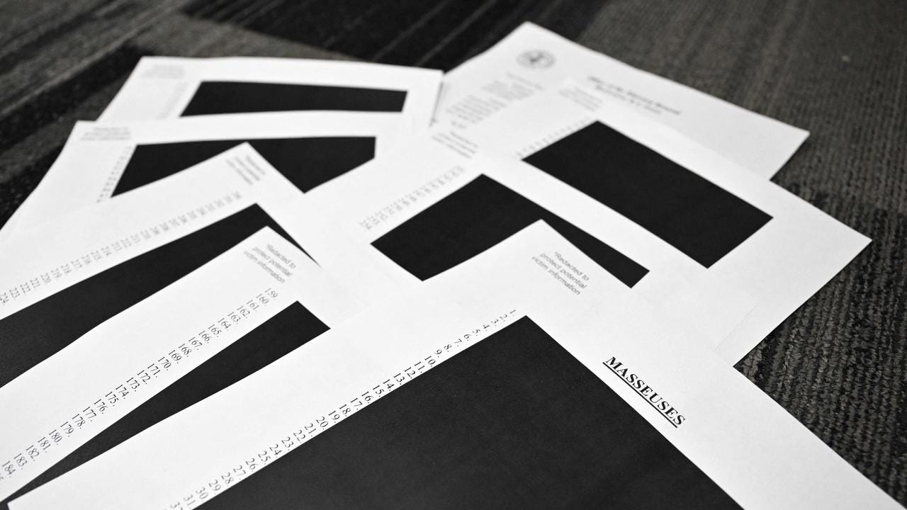 Heavily redacted documents from the Jeffrey Epstein files show extensive black bars covering names and information, sparking anger from survivors who say the government is protecting powerful men rather than delivering justice. Picture: Mandel Ngan / AFP