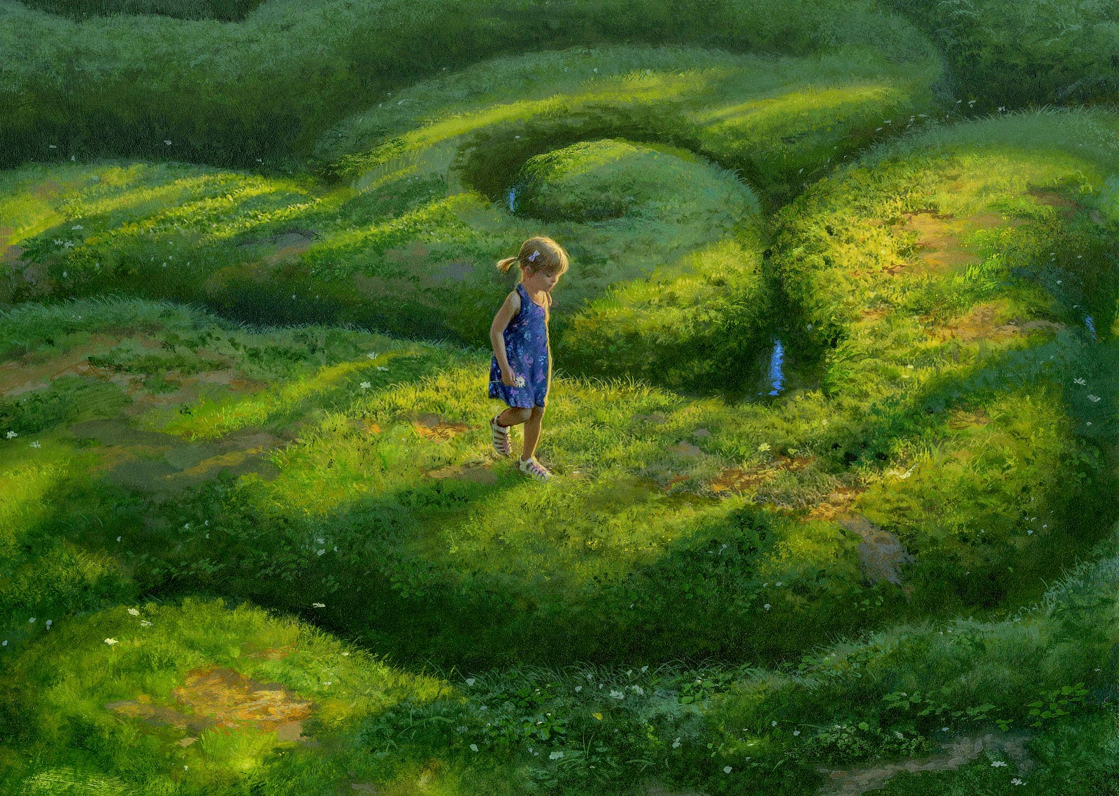 A young girl wearing a blue sundress and white strappy sandals takes a step along a raised grassy path in what appears to be a gently flowing maze. Her hair is drawn back into short pigtails. At her side, she absently holds a daisy as her eyes—which seem to be pressed closed—focus downward. Long, soft shadows fall diagonally, deepening in the winding channels between adjacent tracks. In total, the walkways wind and swirl creating a pattern reminiscent of the folds of the cerebral cortex. Drawing attention to the wider gaps, shallow water reflects in highlights of blue. There are no walls or substantial barriers; it would be easy enough to hop across to another trail.