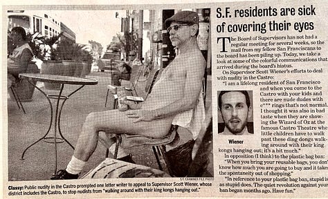 Three archival news images from 2012–2013 depict nudist Andy Tabbat seated nude in Jane Warner Plaza in San Francisco’s Castro District during the city’s highly publicized move to ban public nudity. Coverage includes articles from The Examiner quoting local complaints, an SFGate feature photo, and follow-up reporting on legislative developments—all featuring Tabbat with his signature red cap and coconut juice.