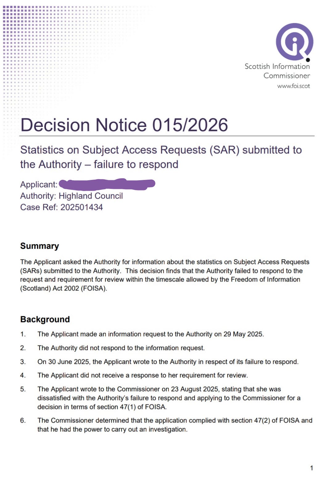 Decision 015/2026 Scottish Information Commissioner (Highland Council) page 1. Decision 015/2026 Scottish Information Commissioner (Highland Council) page 1.