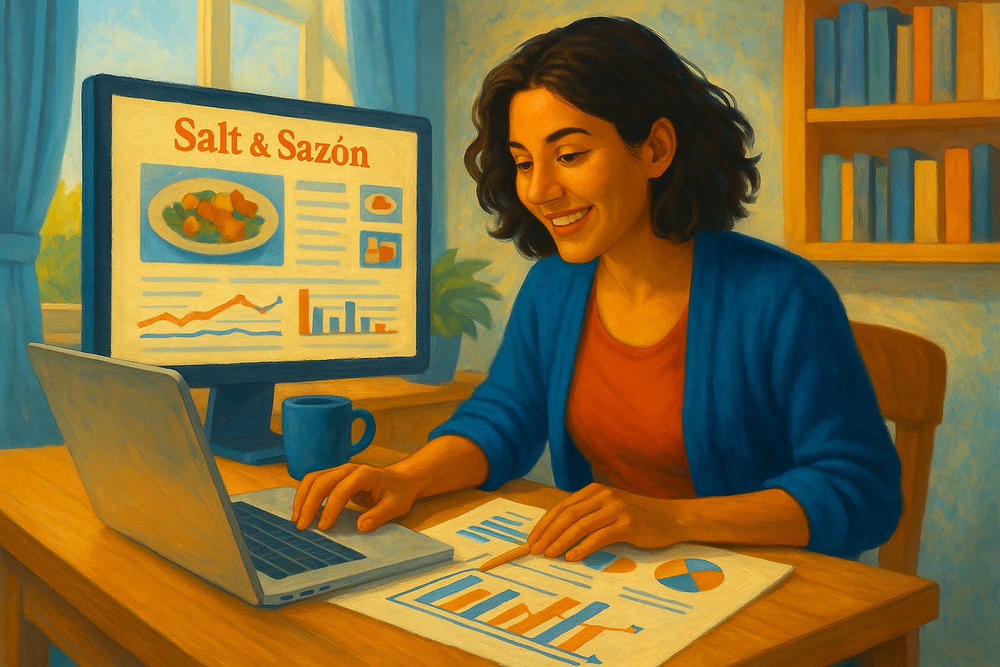 A realistic digital painting of Marisol, a Latina food creator, sitting at a wooden kitchen table bathed in golden light. She reviews her blog analytics on a laptop labeled “Salt & Sazón” while writing notes in a journal. Colorful produce sits in a bowl beside her, and her Spanish-style kitchen glows in Blueberri’s signature blues and yellows. A realistic digital painting of Marisol, a Latina food creator, sitting at a wooden kitchen table bathed in golden light. She reviews her blog analytics on a laptop labeled “Salt & Sazón” while writing notes in a journal. Colorful produce sits in a bowl beside her, and her Spanish-style kitchen glows in Blueberri’s signature blues and yellows.