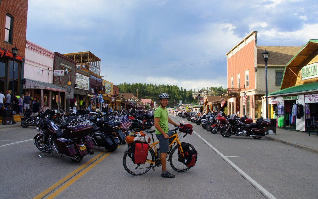 Hill City, SD is overrun by bikers, plus the lone cyclist. Hill City, SD is overrun by bikers, plus the lone cyclist.