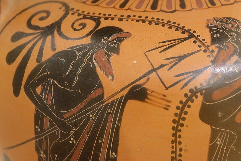 Color photograph of a black figure vase: Poseidon gestures toward Zeus with his trident Color photograph of a black figure vase: Poseidon gestures toward Zeus with his trident