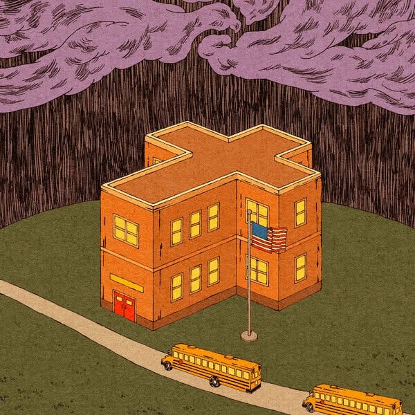 An illustration of a school building, built in the shape of a cross, with an American flag and two school buses in front of it.