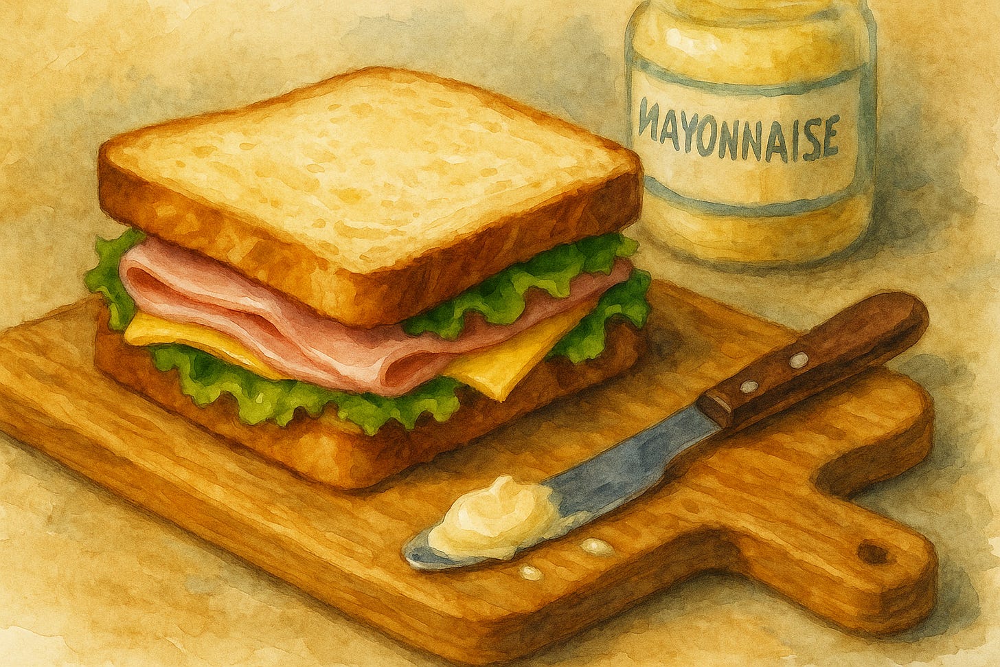Sandwich with mayo on a cutting board — because sometimes "amazing" really does sound like "mayonnaise." Even if it's not on a sammich.