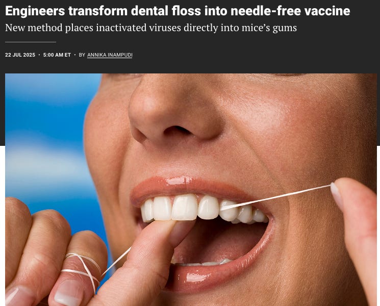 "Engineers transform dental floss into needle-free vaccine...."