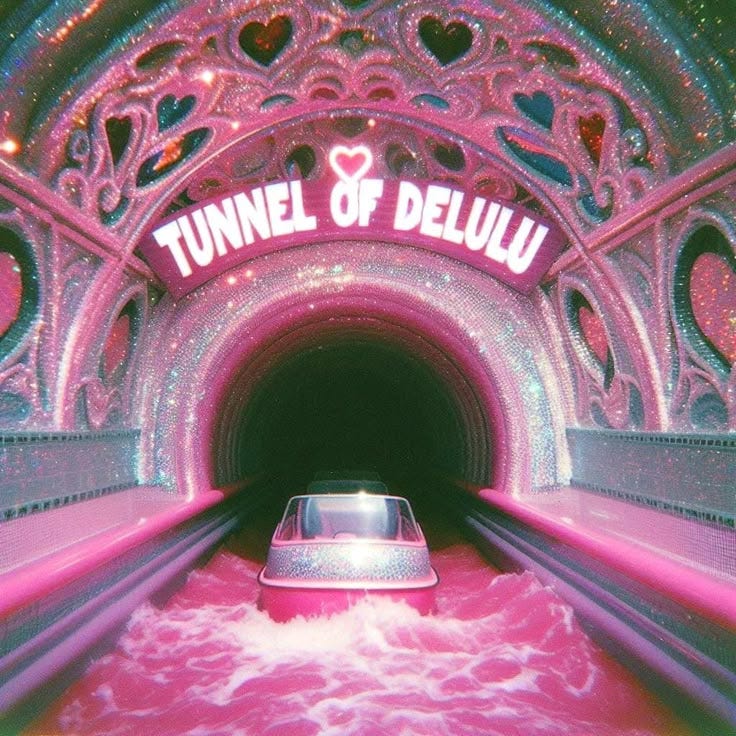 This may contain: the tunnel of deluxu is pink and white with hearts on it's side