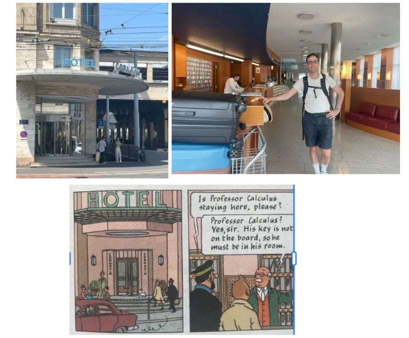 The Hotel Cornavin in Geneva today, where Hergé’s The Calculus Affair was set; inside the lobby where Tintin, Captain Haddock and Snowy arrived looking for Professor Calculus, a panel from the book recreates the famous scene outside, while the hotel’s interior reflects the real-life location carefully observed by Hergé.