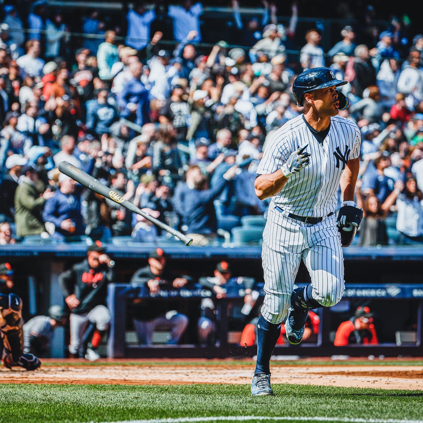 Giancarlo Stanton flips his bat after hitting a 485 ft home run. Giancarlo Stanton flips his bat after hitting a 485 ft home run.