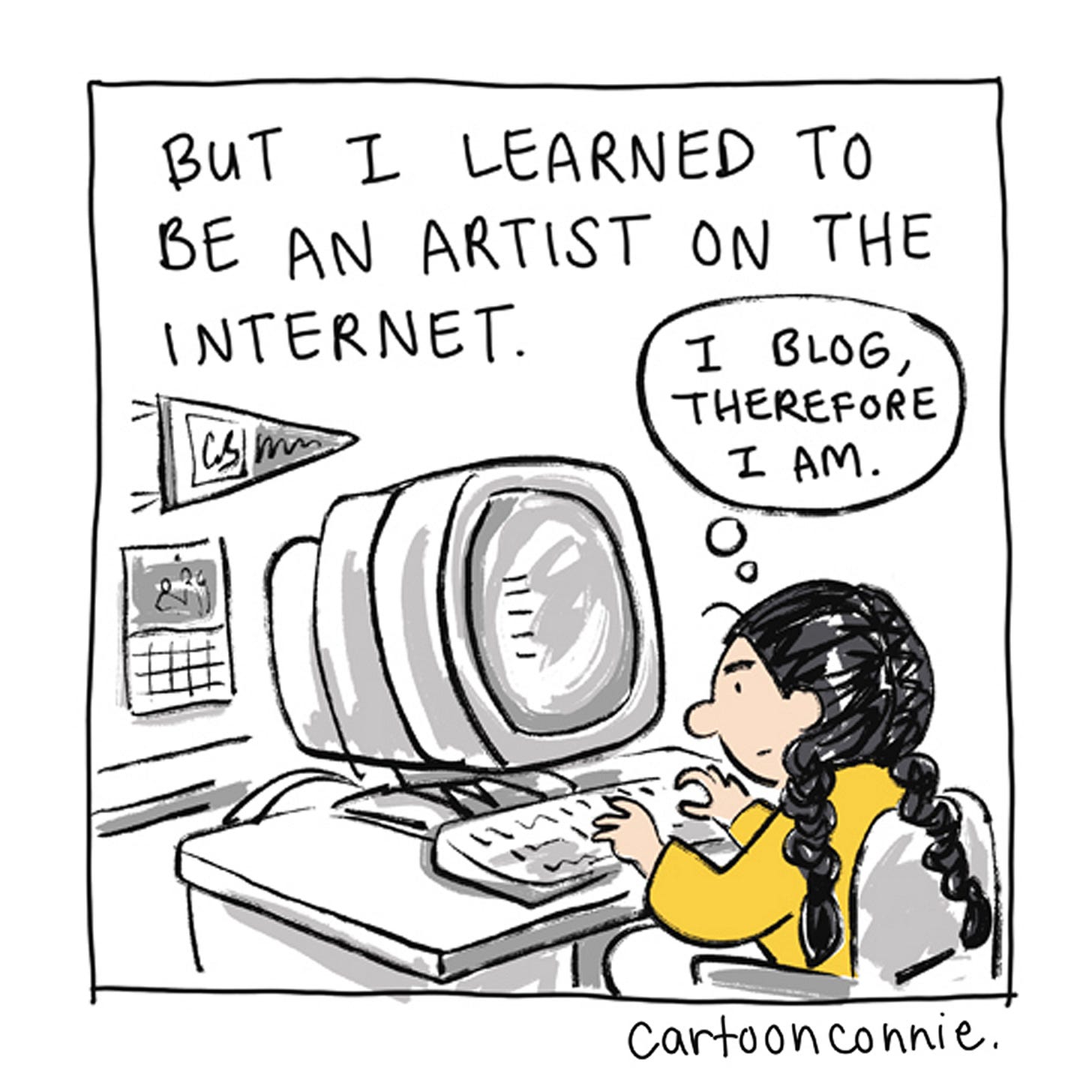 Panel 2/12 of a 2-page comic strip about an artist's relationship with the internet and social media over decades of making art online. Titled "Internet Artist," 2026, original art by Connie Sun, cartoonconnie. Panel 2/12 of a 2-page comic strip about an artist's relationship with the internet and social media over decades of making art online. Titled "Internet Artist," 2026, original art by Connie Sun, cartoonconnie.